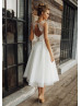 Ivory Lace Tulle Tea Length Keyhole Back Wedding Dress